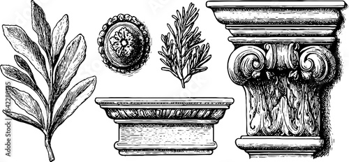 Collection of greek frieze rosette and roman floor mosaic design elements for artistic decoration