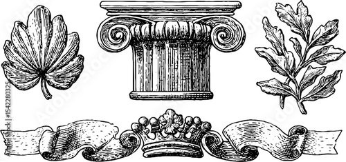 Greek revival and victorian frame elements for classic design and decoration