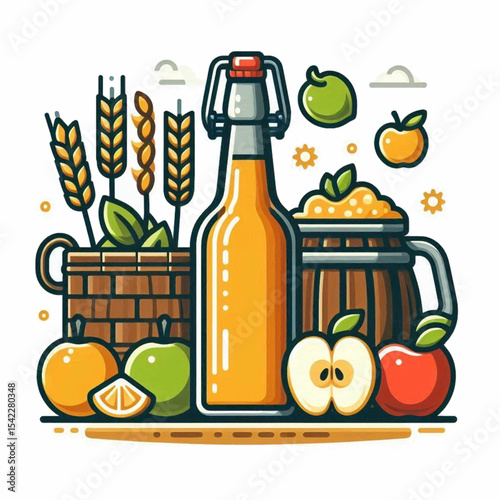 Vibrant illustration featuring a beer bottle apples wheat and a wooden barrel