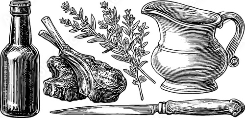 Rustic culinary scene featuring grilled lamb chops, dark beer, and vintage cutlery