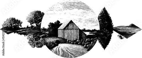 Rustic landscape with grunge texture and letter elements for vintage design projects