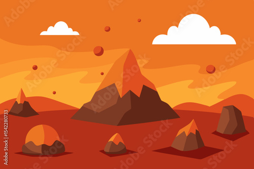 Abstract martian landscape with mountains and floating rocks