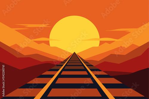 Sunset railroad tracks leading to mountains