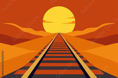 Desert railroad tracks leading to sunset