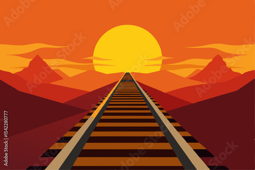 Sunset railroad tracks leading to mountains