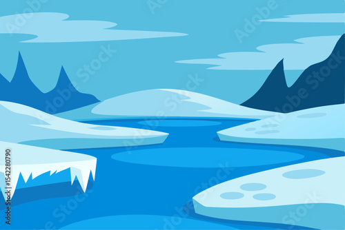 Arctic landscape with winding river and ice