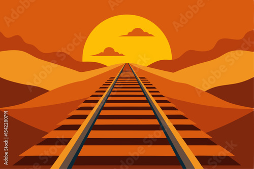 Desert railroad tracks leading to sunset