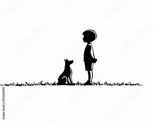 Vector silhouette of boy with dog on white background.

