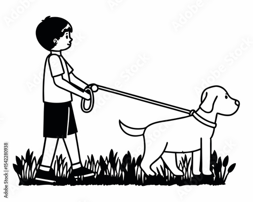 Vector silhouette of boy with dog on white background.

