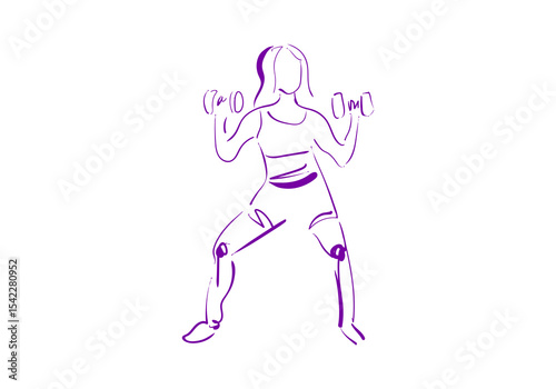 A minimalist purple line art illustration of a woman lifting dumbbells