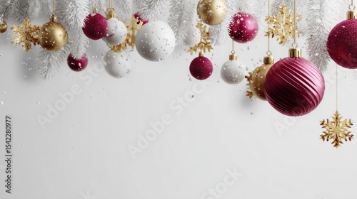 Elegant Christmas Decorations On White Fir Branches Featuring Red, Gold, and White Ornaments with Snowflakes, Perfect for Celebrating the Holiday Season in Style, Concept for Festive Celebrations