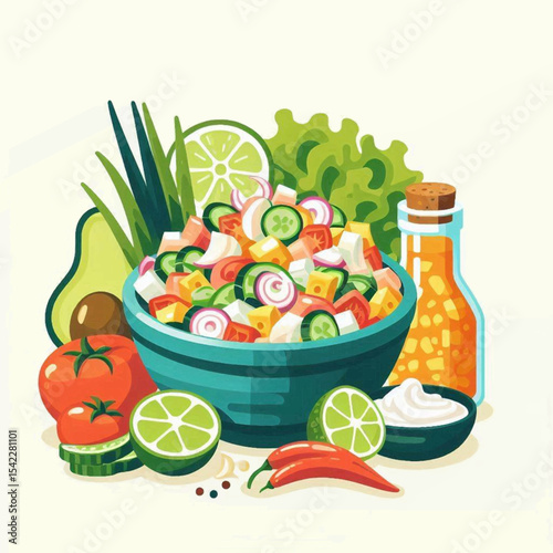 Vivid illustration of a salad bowl brimming with fresh vegetables paired with condiments and ingredients