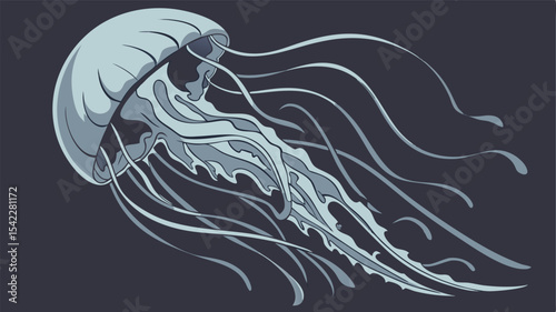 Illustration of a jellyfish with long flowing tentacles against a dark background in shades of gray and blue