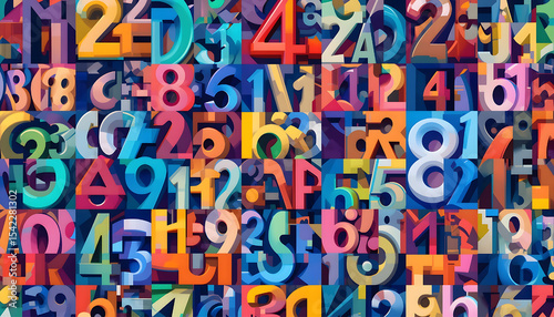 Brightly colored numbers arranged in an abstract, geometric pattern, creating a visually engaging and modern design. A vibrant and artistic representation of mathematical elements
