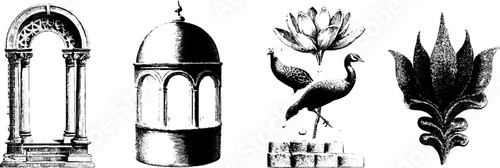 Intricate indian jali screens and chhatri dome with architectural elements for cultural design