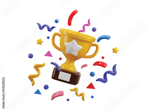 Golden shiny trophy cup with colorful confetti icon 3d render concept of celebration wining moment achievement trophy icon vector illustration 