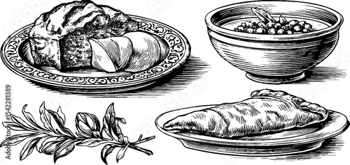Traditional indian thali with roman lentil porridge and bread illustration
