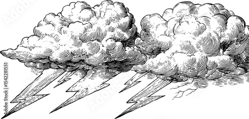 Intricate inked thunderstorm illustration featuring lightning and clouds
