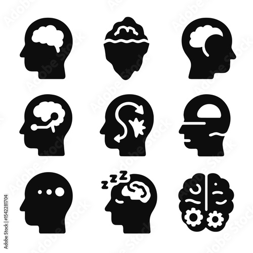 Subconscious Mind Icons. Solid style icons of subconscious mind: deep thought brain icon, iceberg brain symbol, hidden layer in