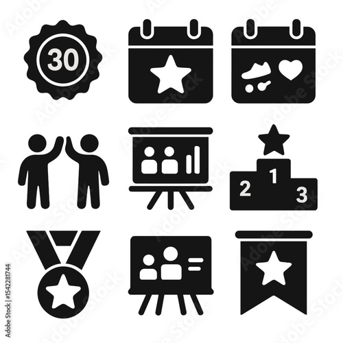 Fitness Challenge Icons. Solid style icons of fitness and wellness challenges: 30-day challenge badge, weekly goal star, calendar