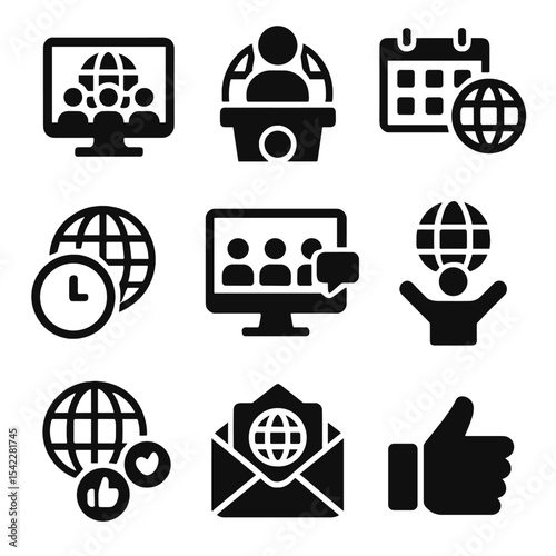 Global Event Icons. Solid style icons of global event coordination: virtual summit icon, international speaker icon, conference