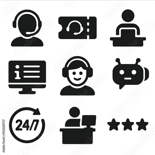 Customer Service Icons. Solid style icons of customer service: headset avatar, customer support ticket, help desk icon, FAQ list,
