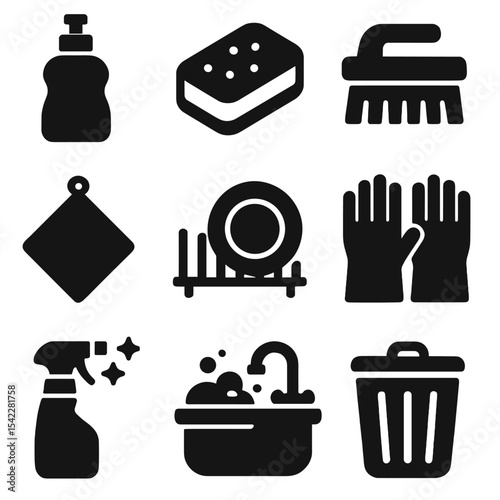 Kitchen Cleaning Icons. Solid style icons of cleaning in kitchen: dish soap bottle, sponge icon, scrub brush, drying cloth, dish