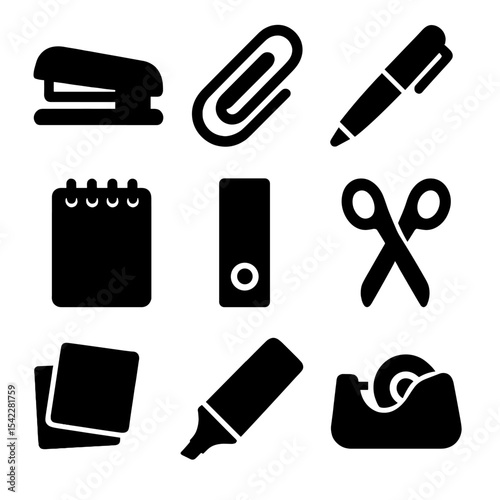 Office Supplies Icons. Solid style icons of office supplies: stapler icon, paperclip, ballpoint pen, notepad, binder folder,