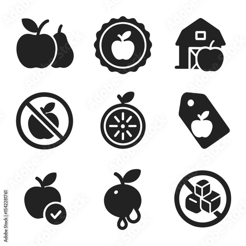 Solid Fruit Icons. Solid style icons of fruit signs and symbols: organic fruit icon, fresh produce stamp, local farm fruit,