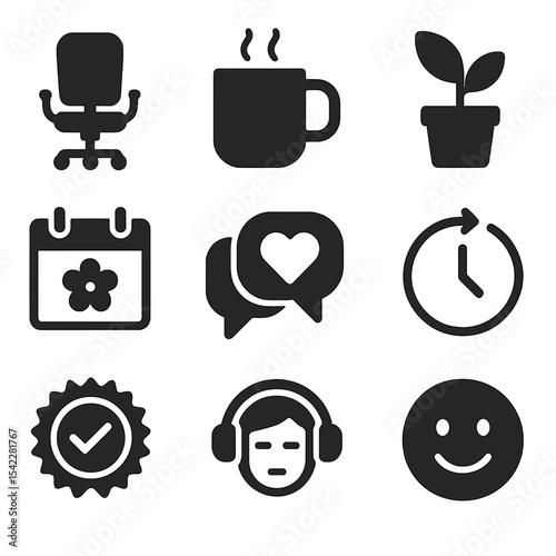 Workplace Wellness Icons. Solid style icons of workplace well-being: ergonomic chair icon, coffee break mug, office plant,