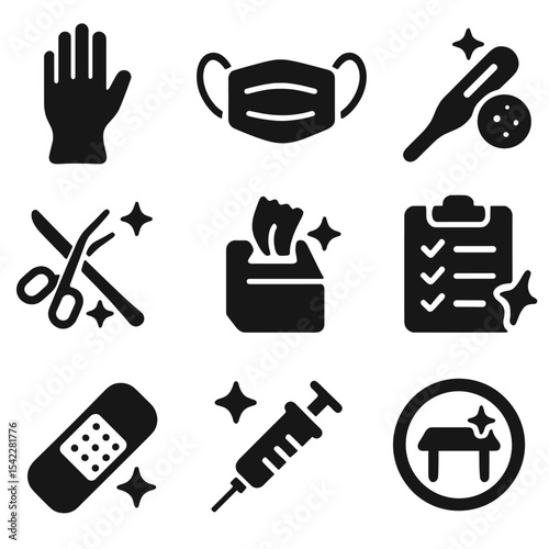 Medical Hygiene Icons. Solid style icons of medical and health hygiene: medical glove icon, mask icon, thermometer cleaning,