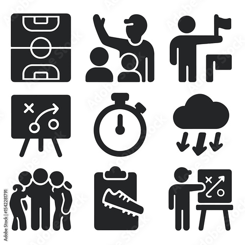 Game Day Coaching Icons. Solid vector icons of game day coaching: field position layout, coach rallying players, sideline hand
