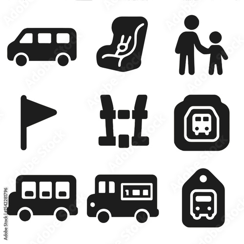 Early Learning Transport Icons. Solid style icons of early learning transportation: preschool van, toddler seat icon, daycare drop