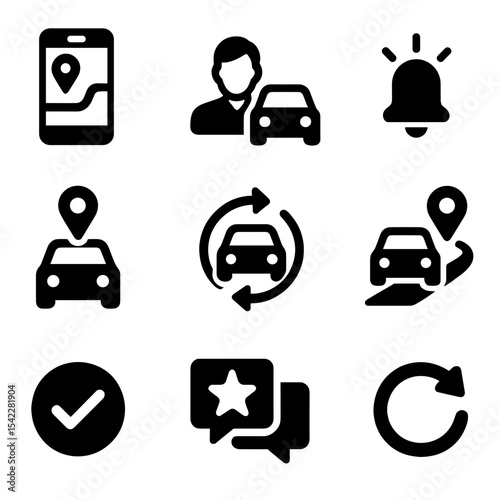 Ride Process Icons. Solid style icons of booking and ride process: request ride, assigned driver, en route notification, driver