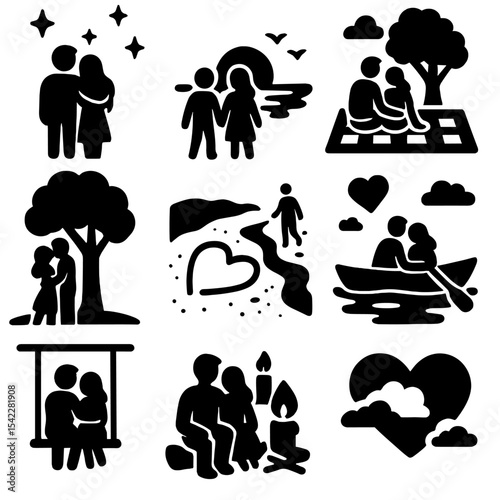 Nature Love Icons. Solid style icons of love in nature: couple under stars, sunset walk, picnic in park, kissing under tree, beach