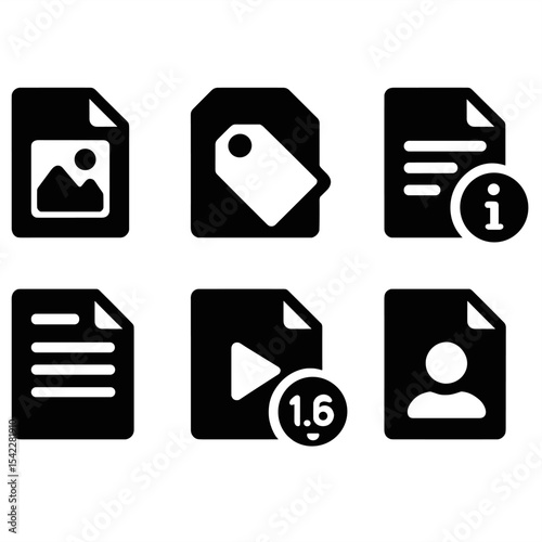 File Icon Collection. Solid style icons of file previews and metadata: preview thumbnail, file details icon, metadata tag, file