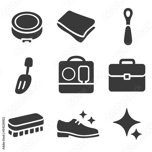 Luxury Shoe Care Icons. Solid style icons of luxury shoe maintenance: high-end polish tin, velvet polishing cloth, gold trim