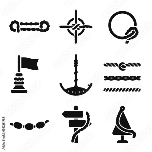 Nautical Rope Icons. Solid style icons of nautical rope in navigation: rope as boundary marker, rope compass tie, knot as speed