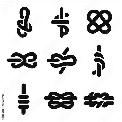 Nautical Rope Knot Icons. Solid style icons of nautical rope knots: bowline knot, clove hitch, figure-eight knot, reef knot, sheet