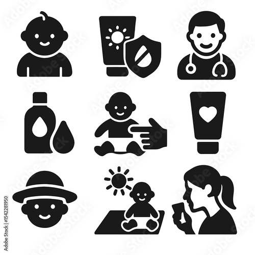 Baby Sunscreen Icons. Solid vector icons of baby and sensitive skin sunscreen: baby-safe SPF, hypoallergenic icon, pediatrician