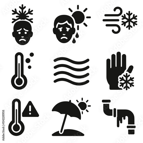 Temperature Icons. Solid style icons of temperature extremes: extreme cold icon, sunburn heat icon, icy wind symbol, boiling