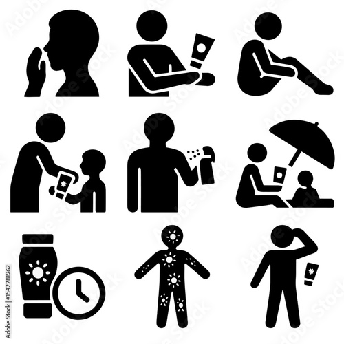 Sunscreen Application Icons. Solid vector icons of sunscreen application: applying to face, applying to arms, rubbing on legs,
