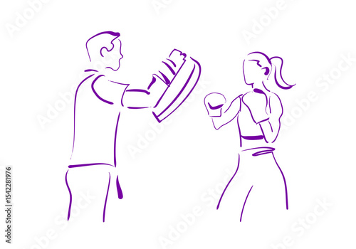 A minimalist purple line art illustration depicting two boxers in a dynamic fight