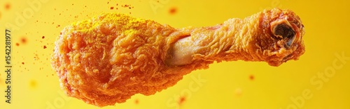 A crispy fried chicken drumstick is suspended against a vibrant yellow background, highlighting its golden crust and juicy interior. The image captures the mouthwatering appeal