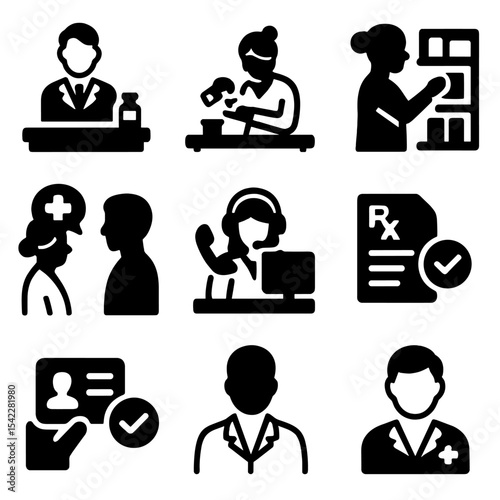 Pharmacy Staff Icons. Solid vector icons of pharmacist and staff roles: pharmacist behind counter, technician preparing order,