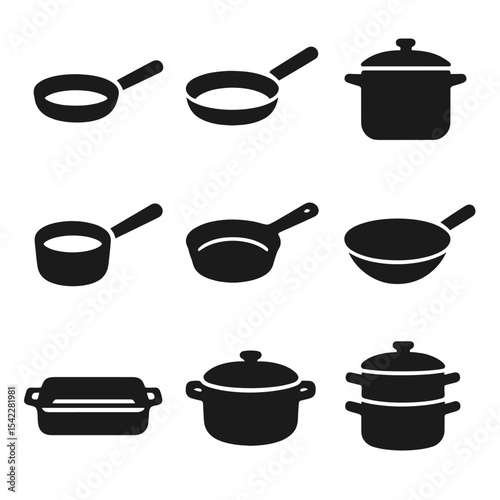Solid Kitchen Cookware Icons. Solid vector icons of pots and pans: frying pan, sauté pan, stock pot, saucepan, cast iron skillet,