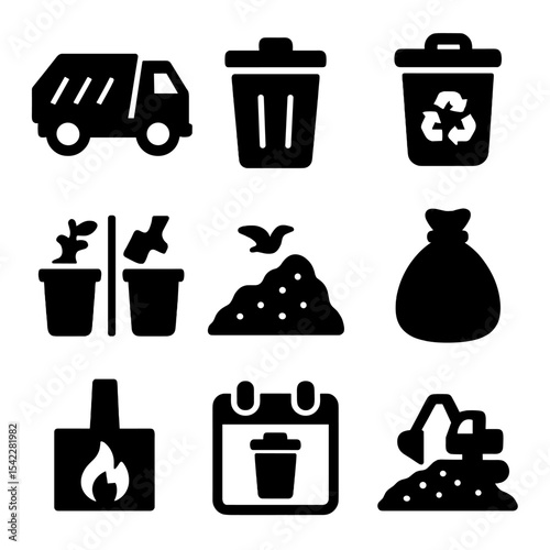 Waste Management Icons. Solid vector icons of general waste management: garbage truck, trash bin, recycling bin, landfill icon,