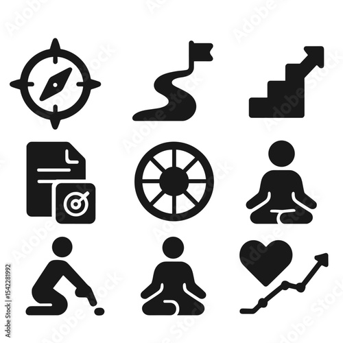 Intentional Living Icons. Solid style icons of intentional living: purpose compass, goal path icon, life wheel, aligned steps,