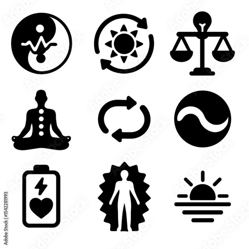 Energy Balance Icons. Solid style icons of energy balance: yin-yang with pulse, circadian rhythm symbol, balanced scale and light,