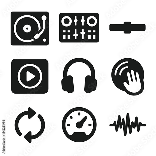 DJ Tools Icons. Solid style icons of DJ tools: turntable, DJ controller, mixer crossfader, beat cue icon, DJ headset, scratch pad,